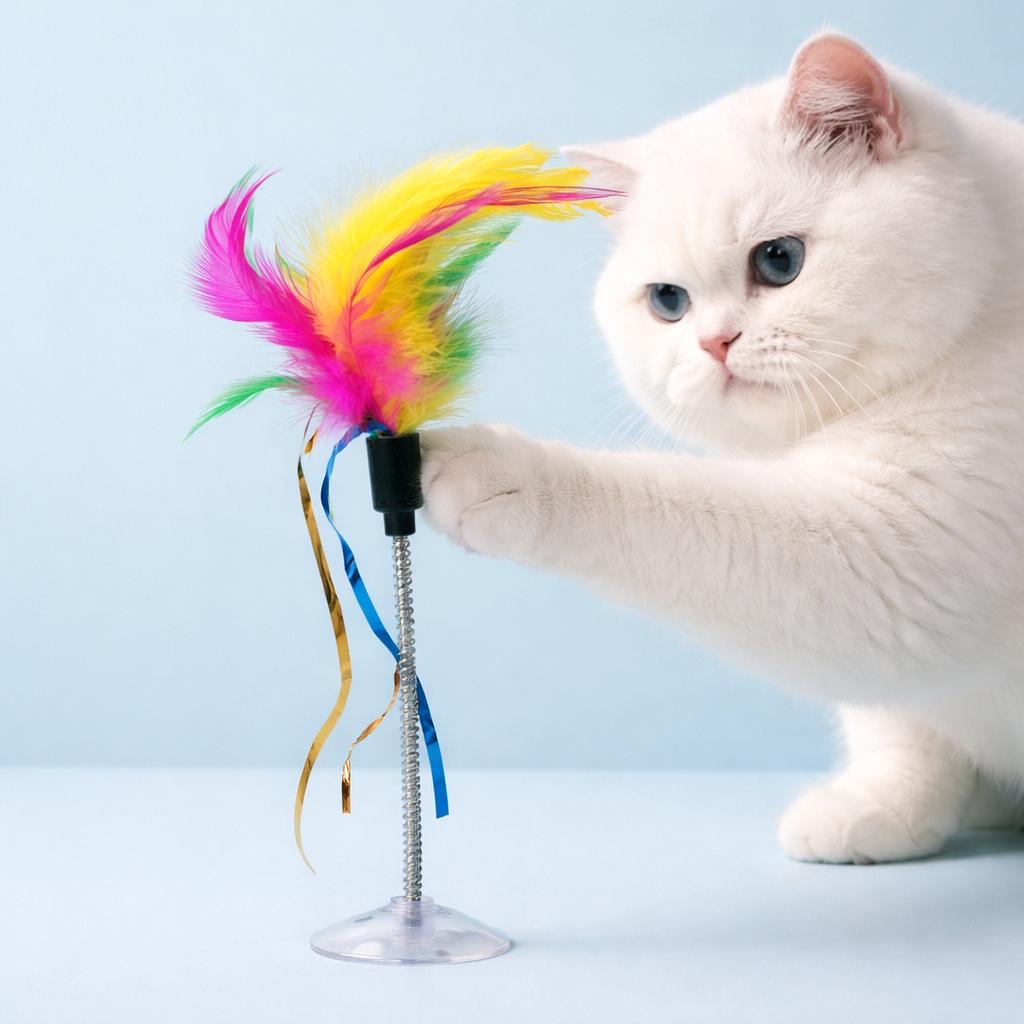Katzenspielzeug mit Saugnapf – Federstab oder Spielball – interaktives Katzen Spielzeug
