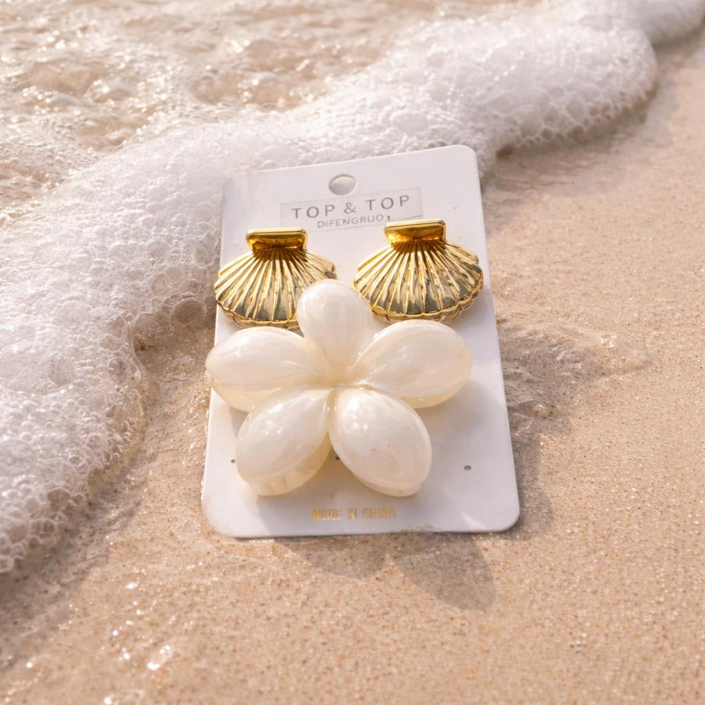 Sommer Haarspangen Set – Muschel & Blumen Haarclips (3er Set)