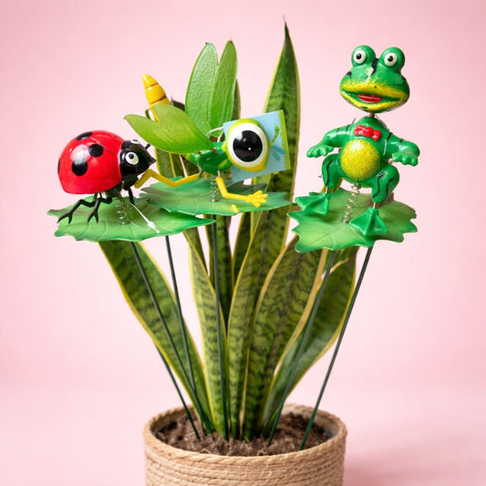 Pflanzenstecker Set Tiere – Frosch, Marienkäfer & Libelle – Wackelnde Gartendeko für Innen & Außen