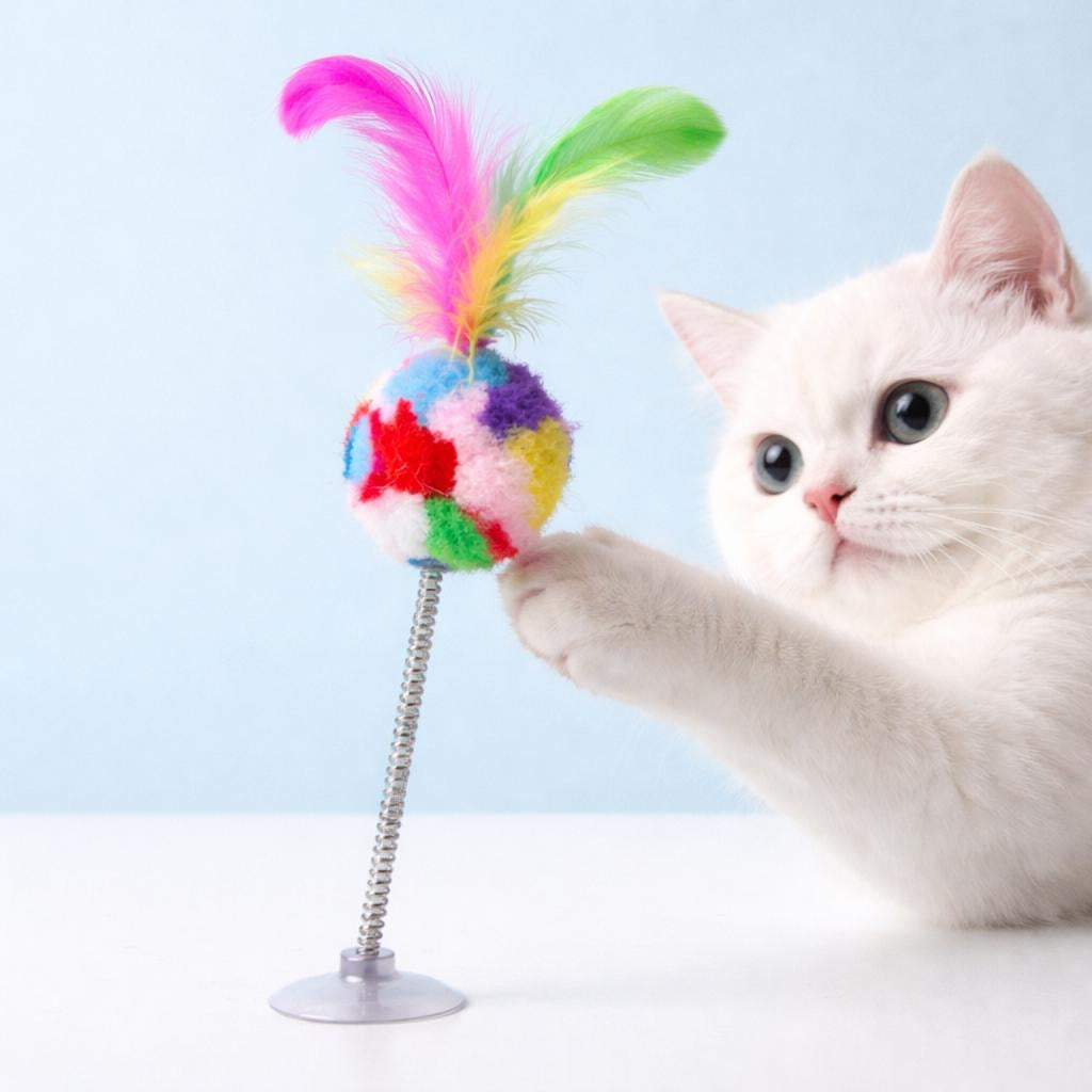 Katzenspielzeug mit Saugnapf – Federstab oder Spielball – interaktives Katzen Spielzeug