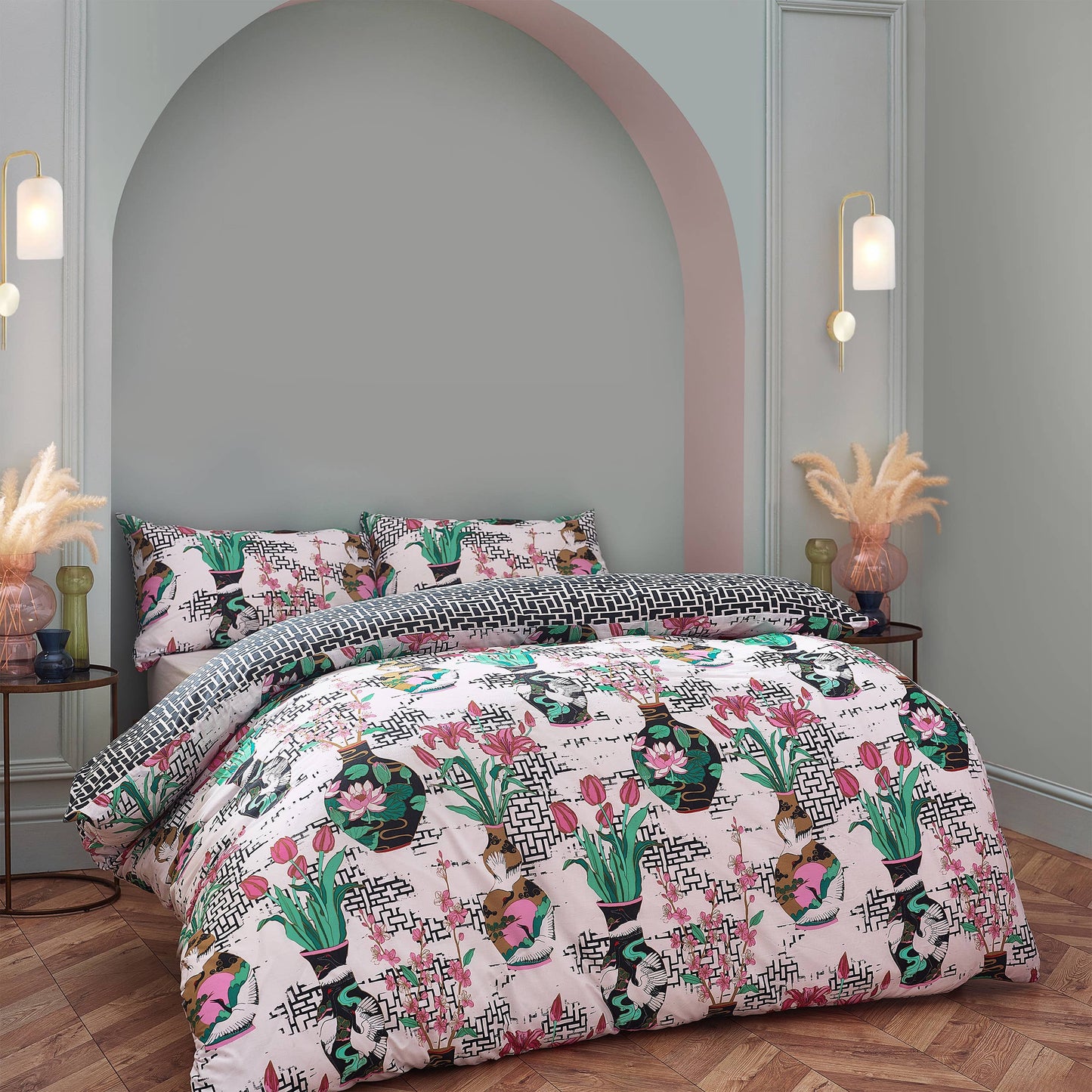Ishiko Bettbezug-Set mit Blumenmuster, Weiß